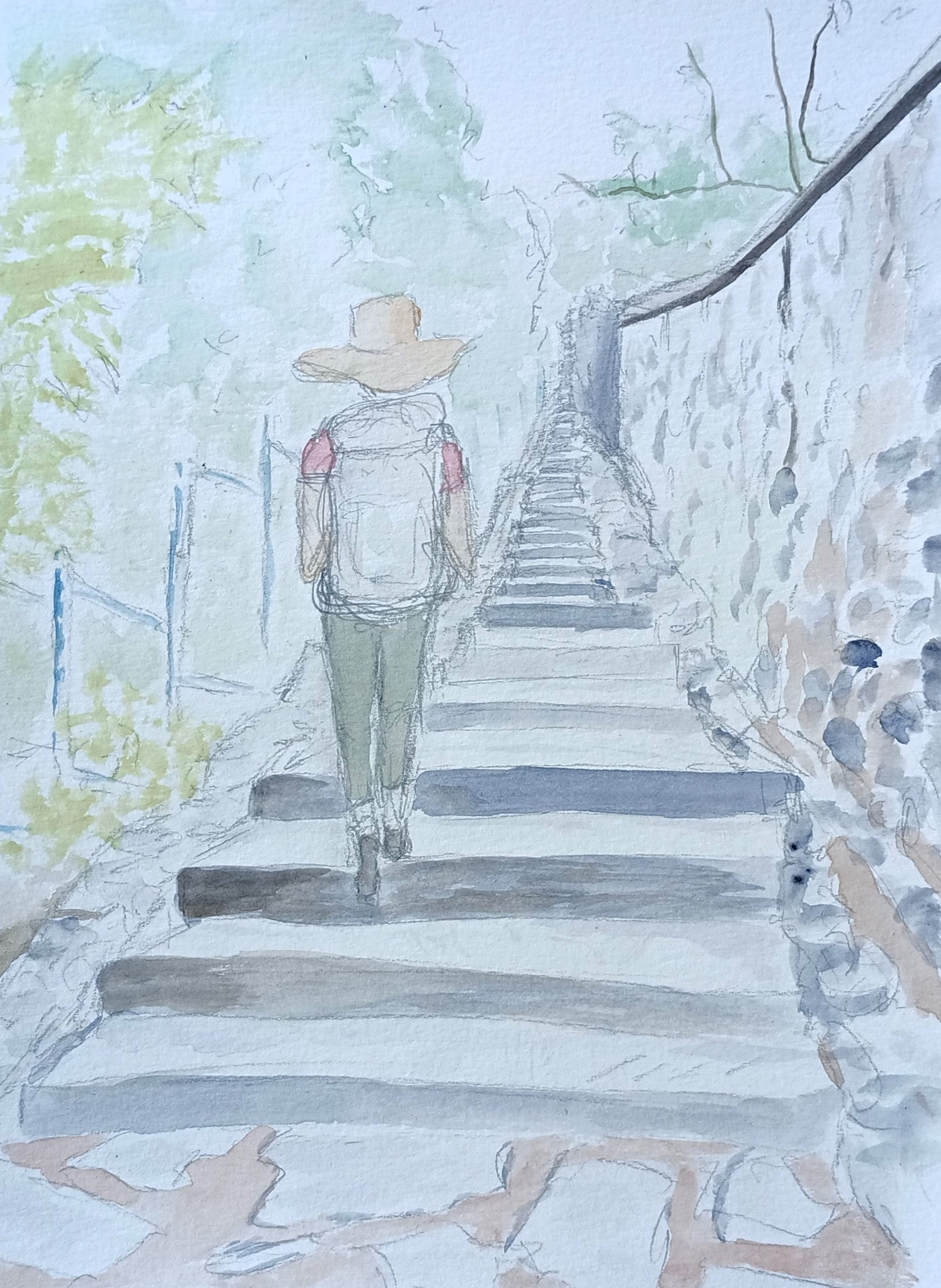 Illustration de Juliette Alcaraz marchant de dos, à l'aquarelle et au crayon de papier