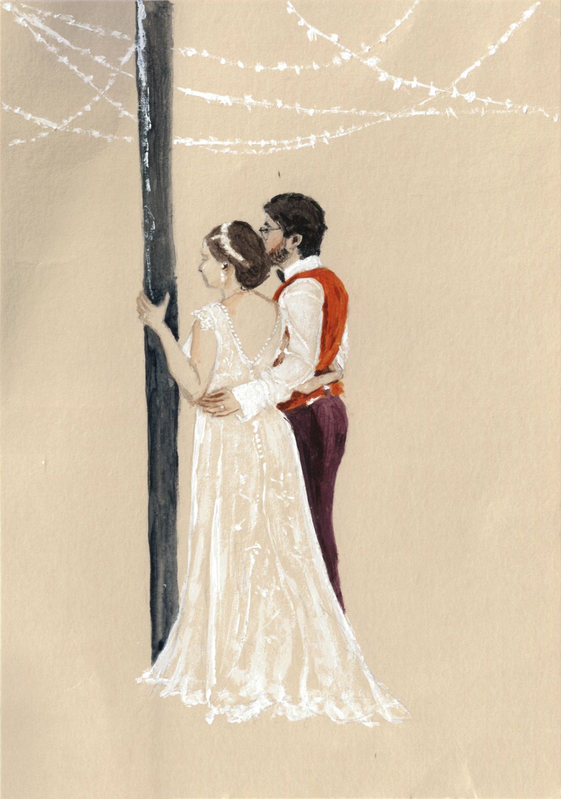 Portrait des mariés, acrylique sur feuille sépia A5